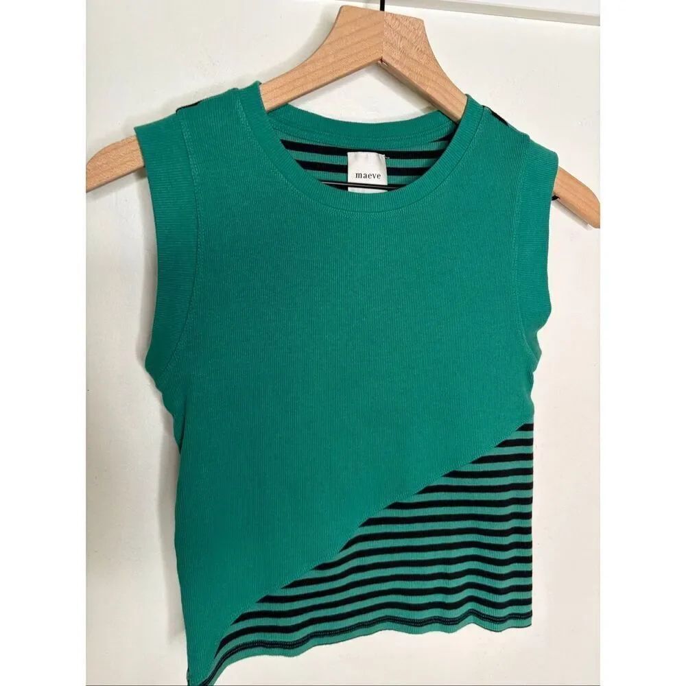 Maeve Cap Sleeve Stripe Tank | Green and Navy in XS